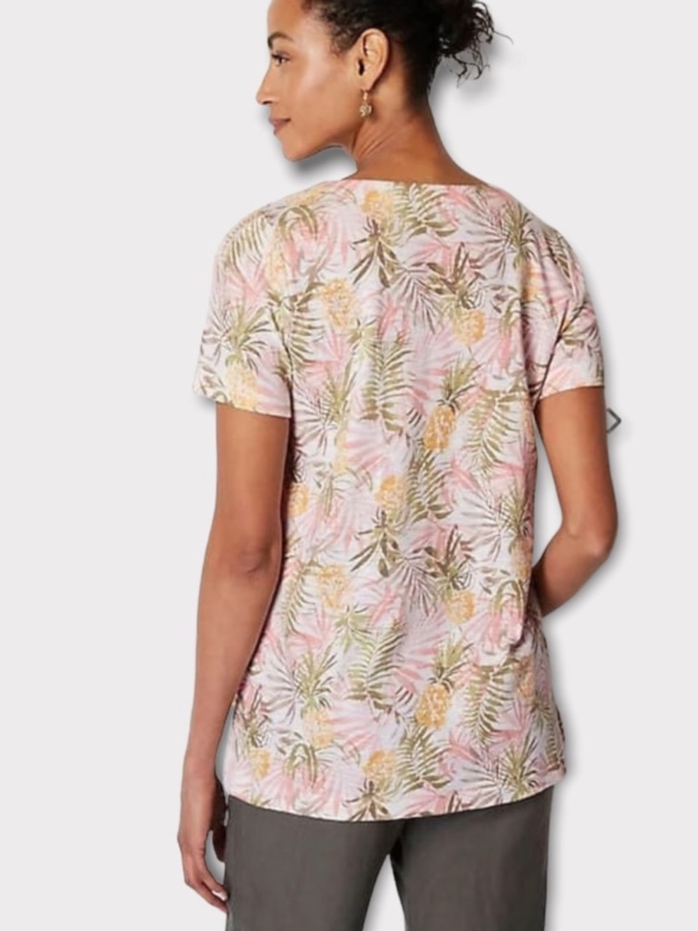 J. Jill Pima Slub Knit V-Neck Tee Shirt Pineapple Palm Print Womens Size M NWT - Picture 3 of 16